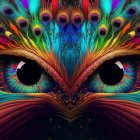 Colorful digital artwork: Stylized peacock feathers with intricate designs and captivating eyes.