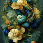 Stylized floral arrangement in yellow and blue on dark green background