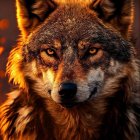 Detailed digital illustration: Wolf with orange eyes in starry setting