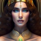 Illustrated portrait of woman with voluminous brown hair and golden crown with emerald accents