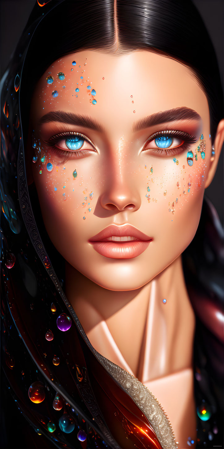 Detailed digital illustration: Woman with blue eyes, face paint, black shawl & gemstones