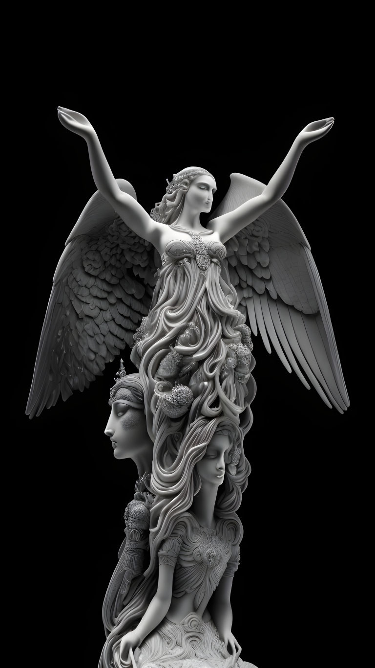 Intricate angel sculpture with outstretched wings and serene female figures on black background