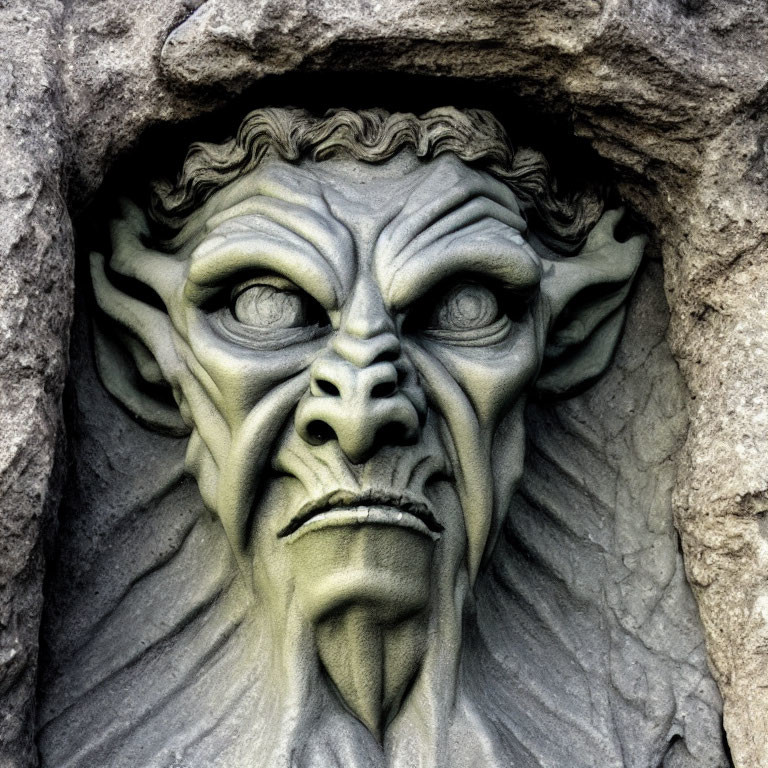 Detailed Green Gargoyle Face Carved on Stone Arch