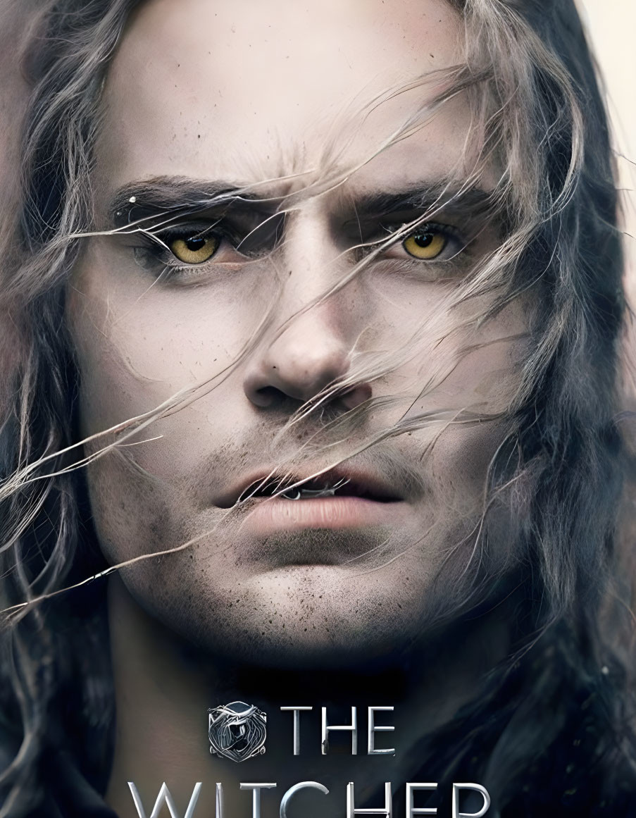 Close-up of stern-faced person with yellow eyes & white hair, "The Witcher" title.
