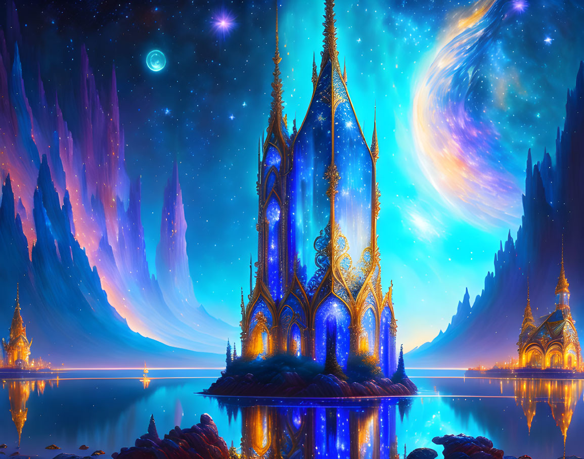 Majestic castle spires under starry night sky with auroras
