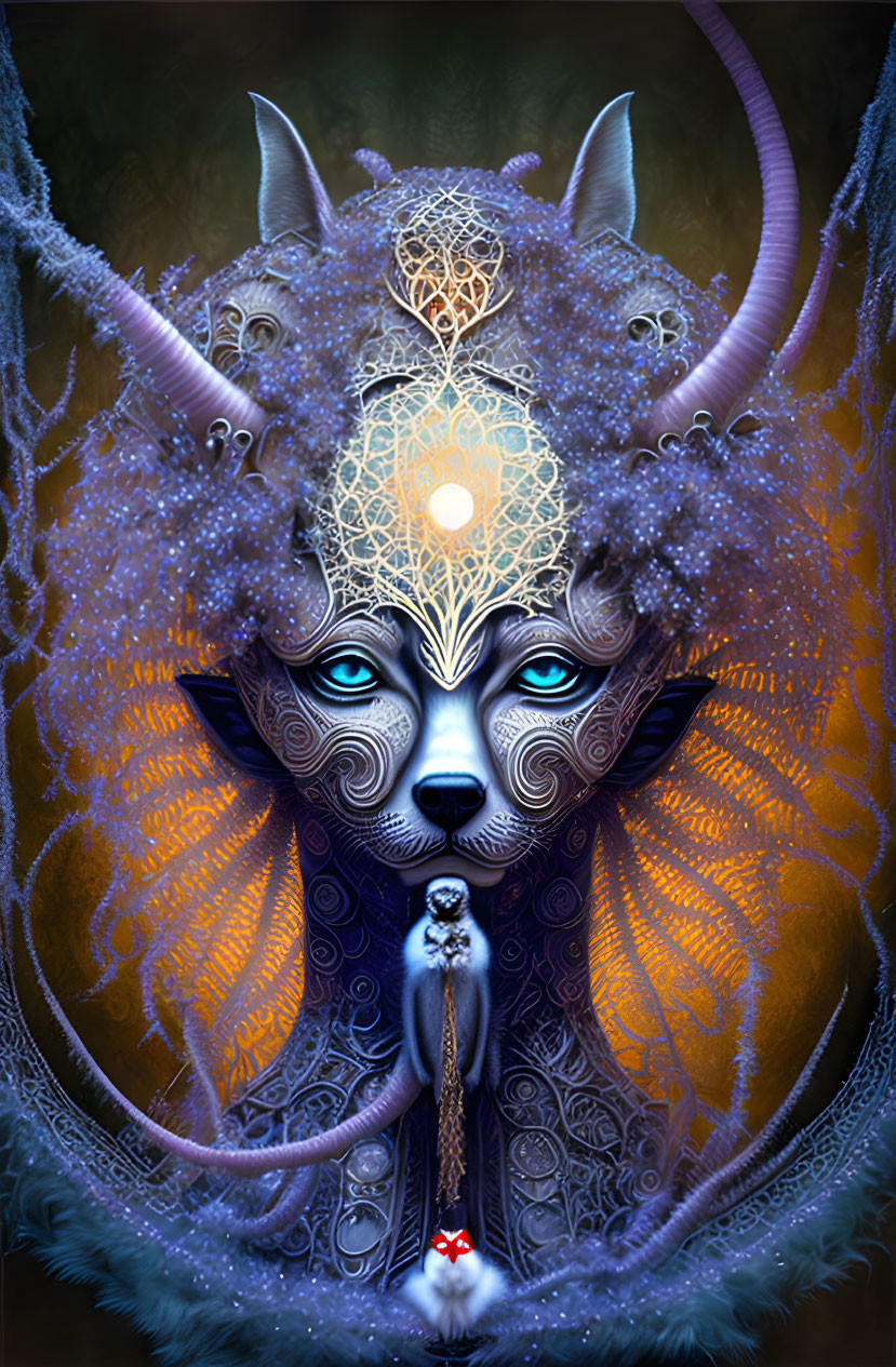 Mystical creature with wolf face, horns, third eye, and ethereal glow on dark backdrop