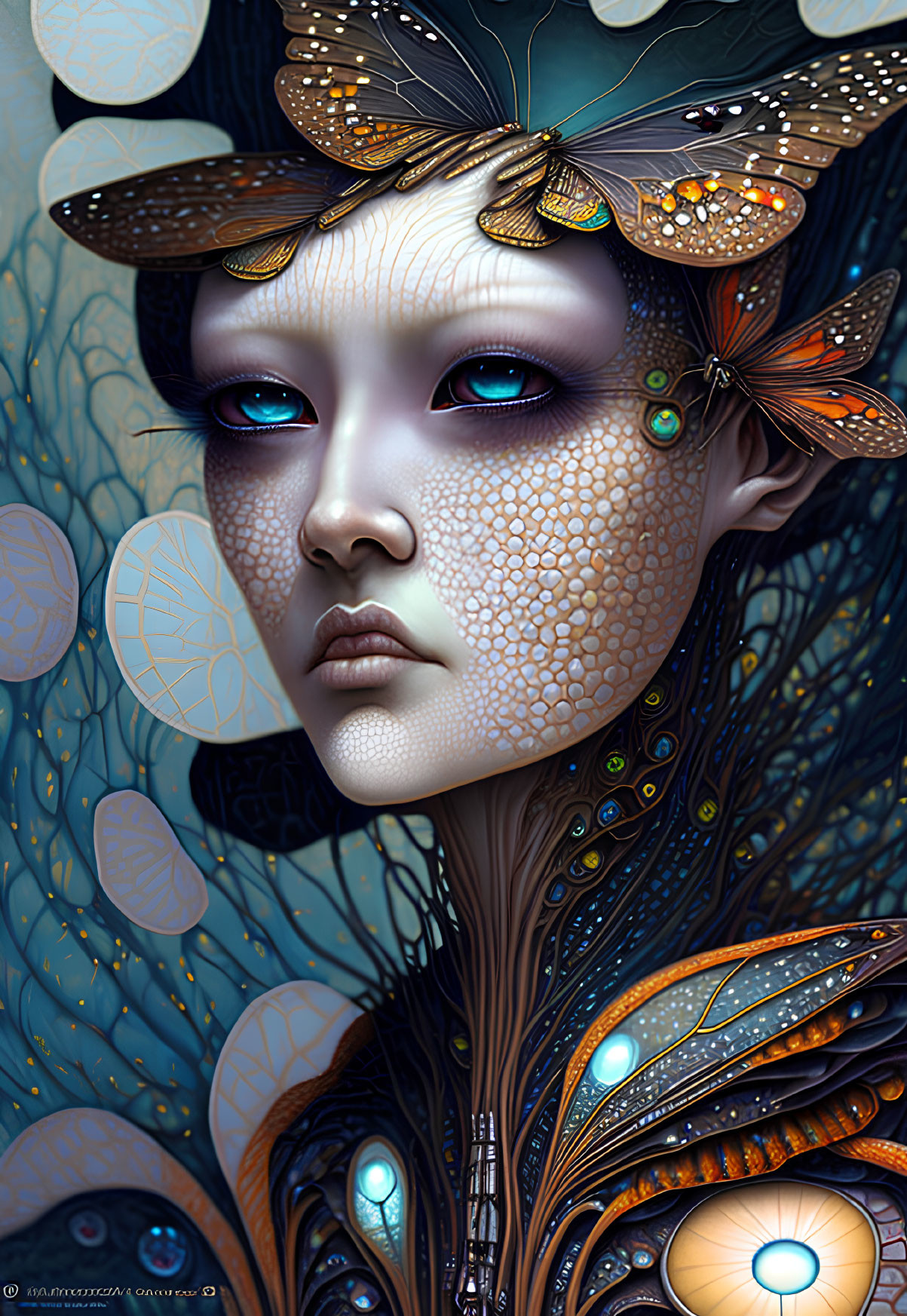 Detailed portrait of person with butterfly motifs, iridescent eyes, and patterned skin merging with wings