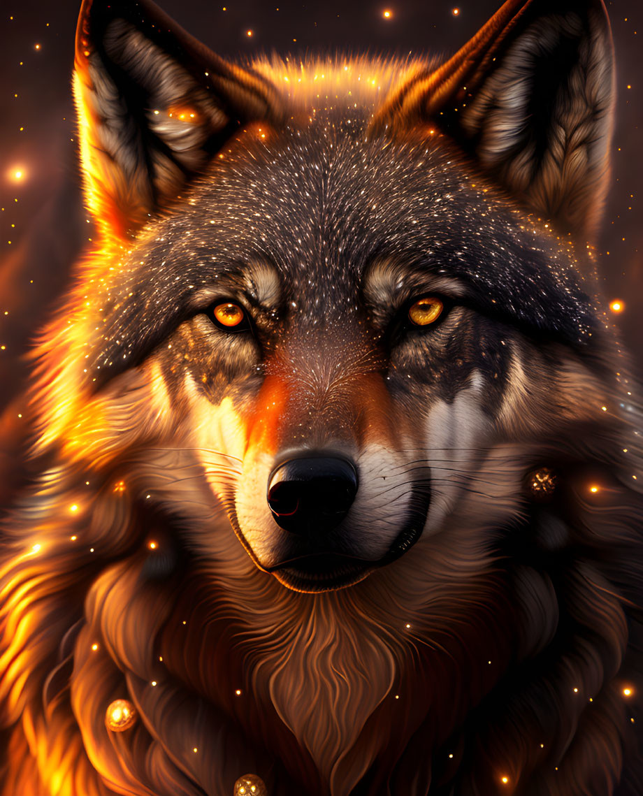 Detailed digital illustration: Wolf with orange eyes in starry setting