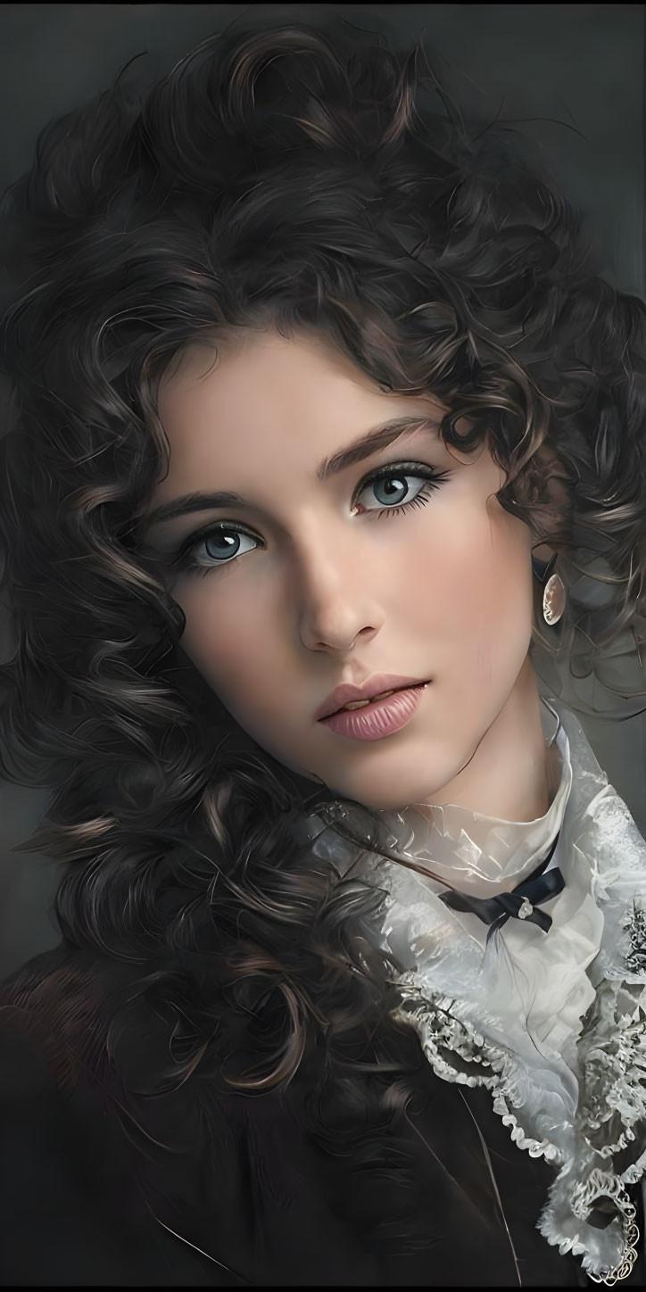 Woman with Curly Hair and Blue Eyes in White Lace Collar