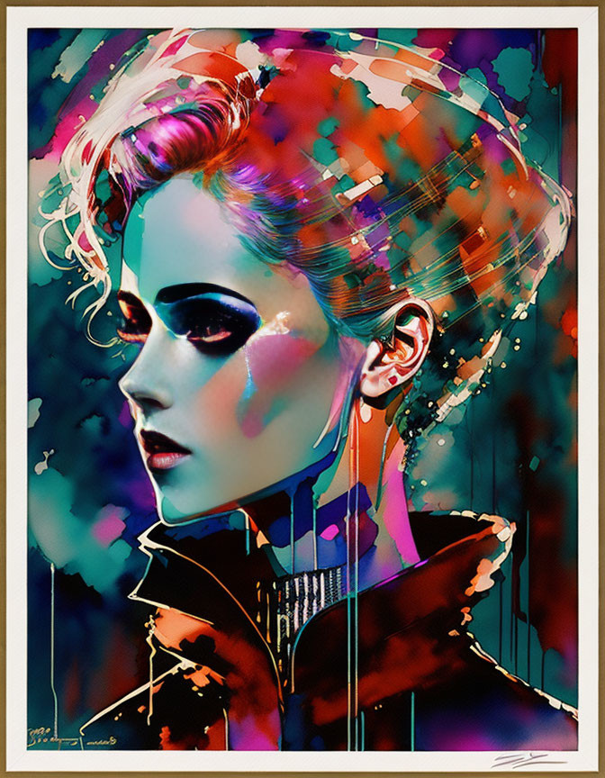 Vibrant digital portrait of stylized woman in neon hues
