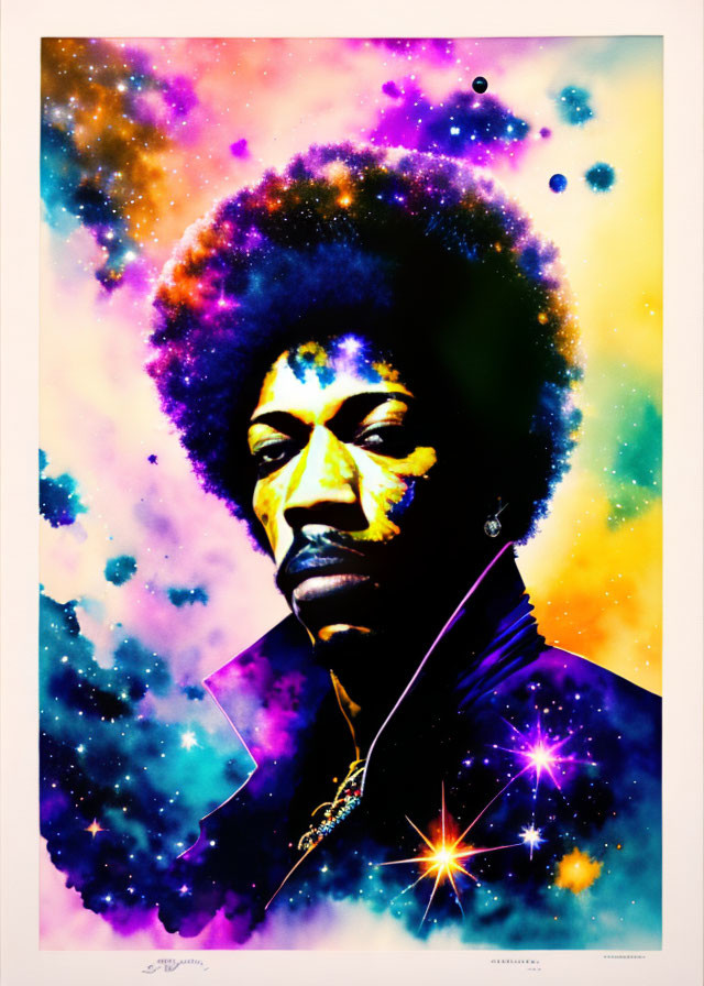 Colorful portrait of male musician with afro in cosmic space.