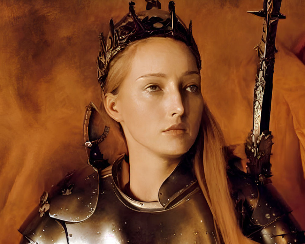 Regal woman in silver armor with crown and spear, warm amber backdrop, ghostly figure.
