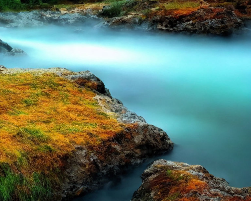 Tranquil landscape with misty blue river and moss-covered rocks