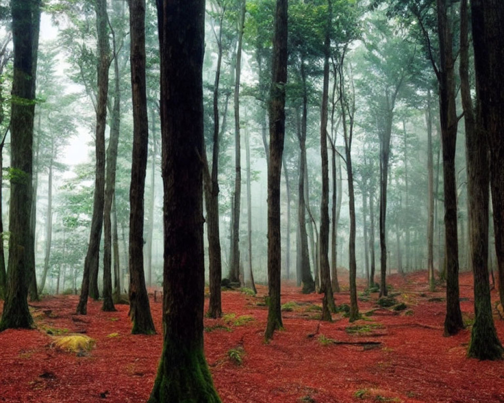 Misty forest with tall trees and red leaves carpet