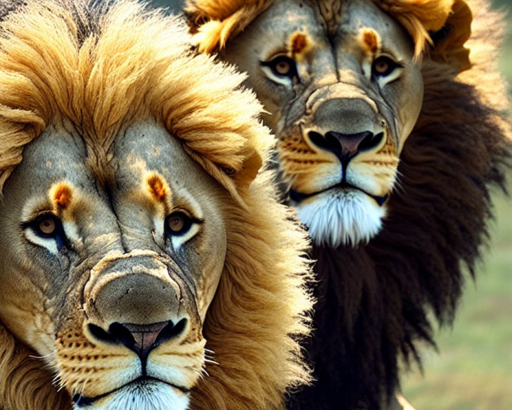 Majestic lions with prominent manes in serene gaze
