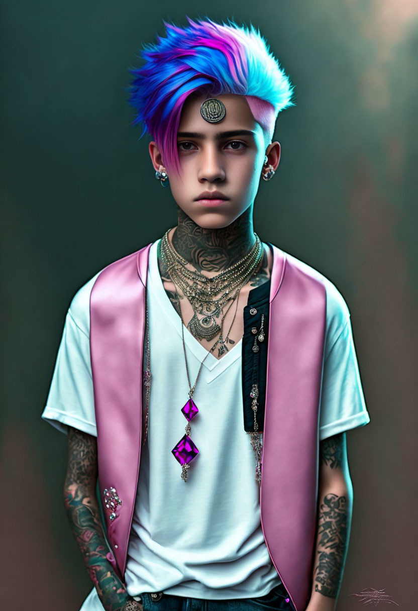 Vibrant blue and purple hair portrait with tattoos and ornate neckpiece