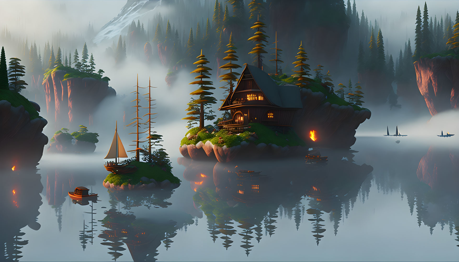 Tranquil lakeside cabin on pine tree islet with misty mountains and boats at dusk or