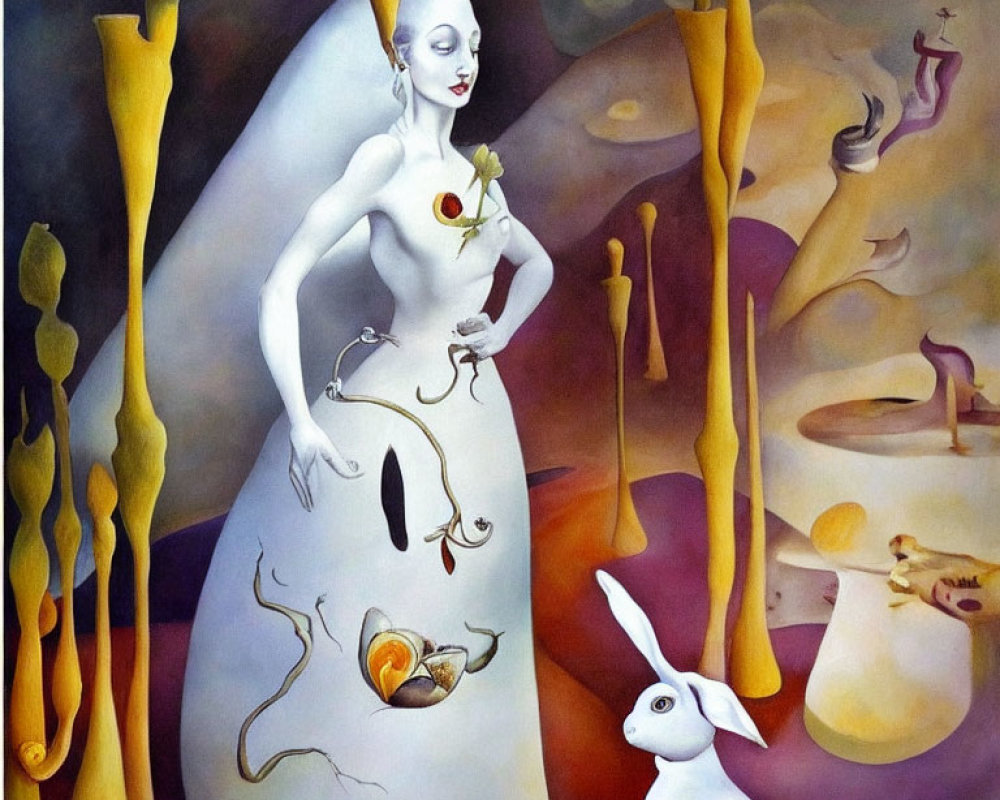Surreal artwork featuring pale figure, rabbit, and symbolic elements