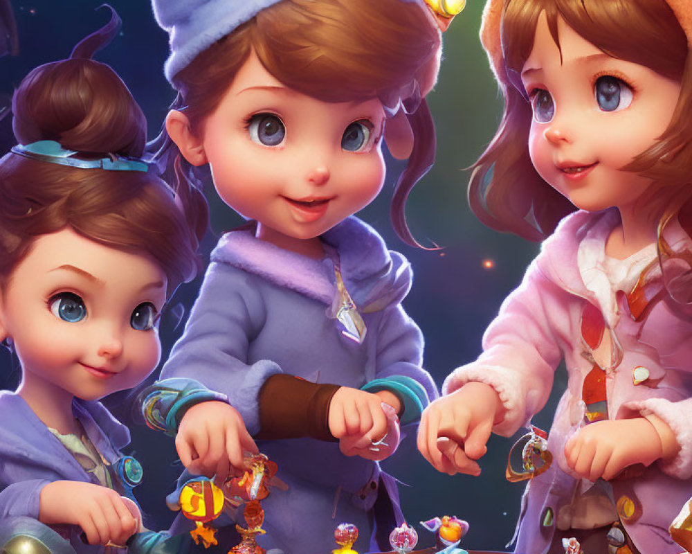 Animated children playing magical board game under starry sky