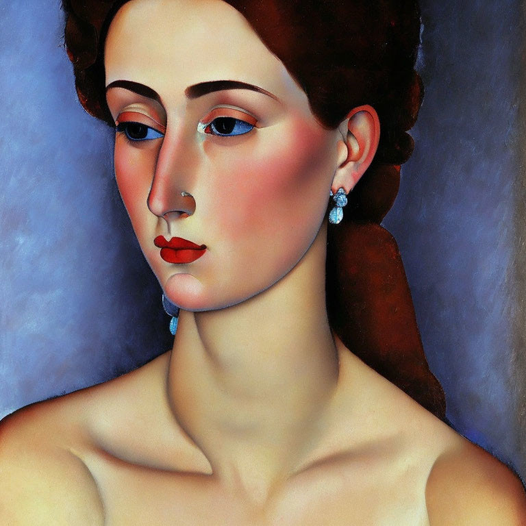 Portrait of a woman with blue earrings, red lips, and stylized features on blue background