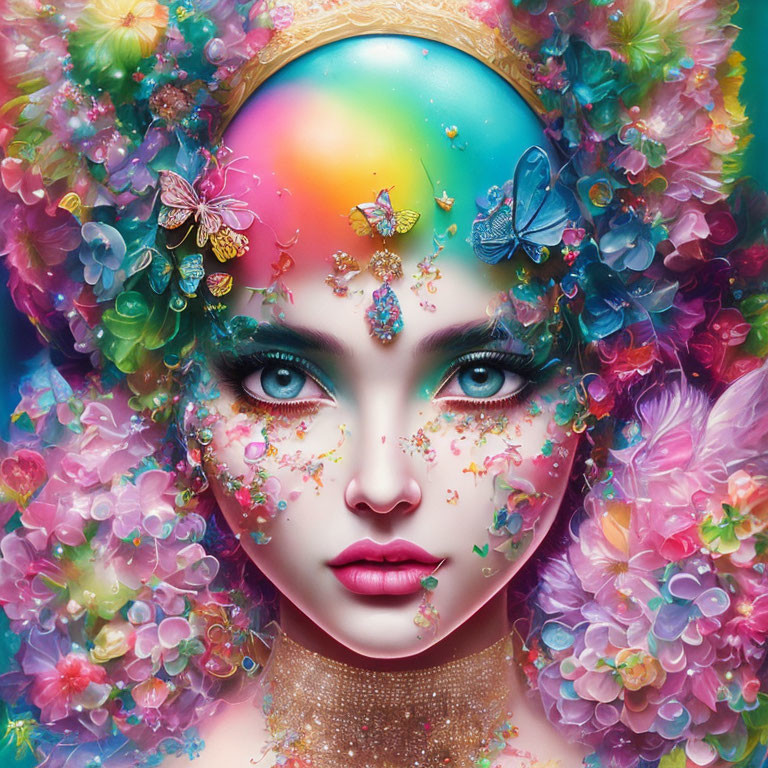 Vibrant rainbow-colored makeup on surreal portrait person