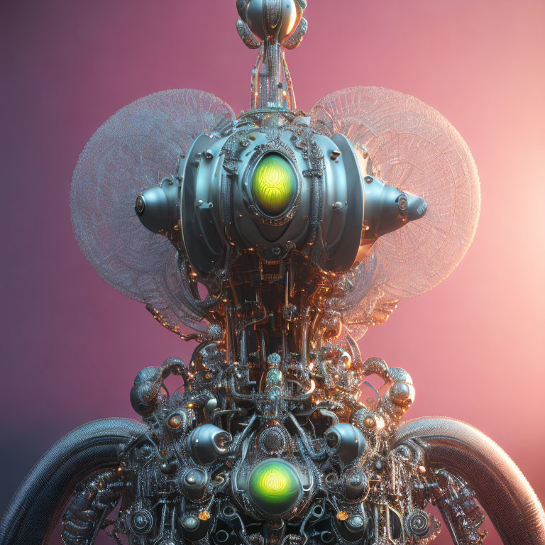 Detailed 3D Rendering of Intricate Mechanical Structure with Glowing Orb and Spiral Elements