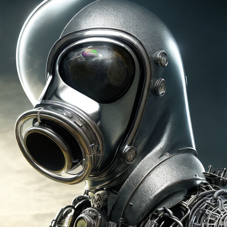 Robotic head resembling vintage deep-sea diving helmet with reflective visor and intricate mechanical parts.