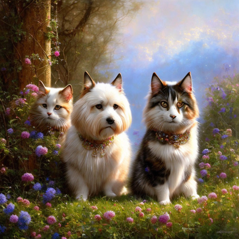 Two Cats and a Dog with Ornate Collars in Mystical Forest Scene
