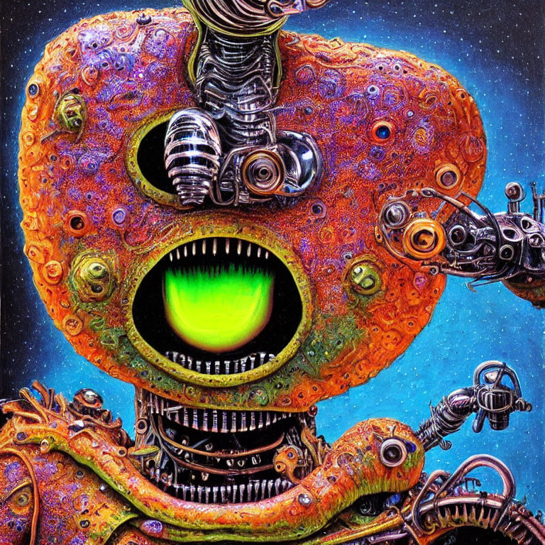 Detailed Illustration of Colorful Mechanical Creature with Glowing Green Mouth