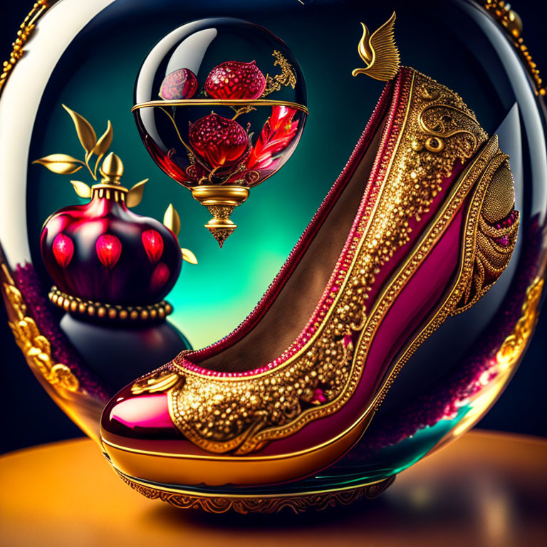Surreal golden high heel with perfume bottles and floating raspberries