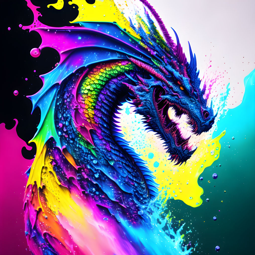 Colorful Dragon Emerges from Vibrant Paint on Black Background
