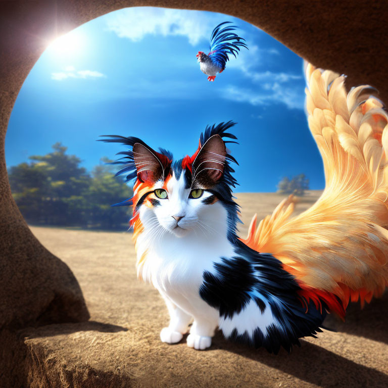 Colorful Cat with Feathered Wings and Parrot in Fantastical Scene