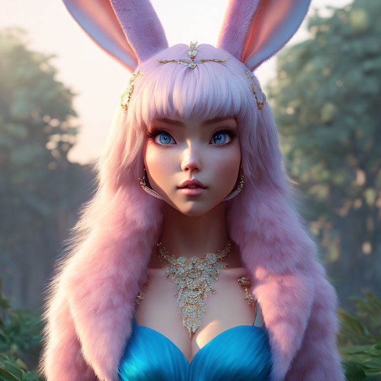 Fantastical humanoid creature with pink rabbit ears and exotic jewelry in lush setting
