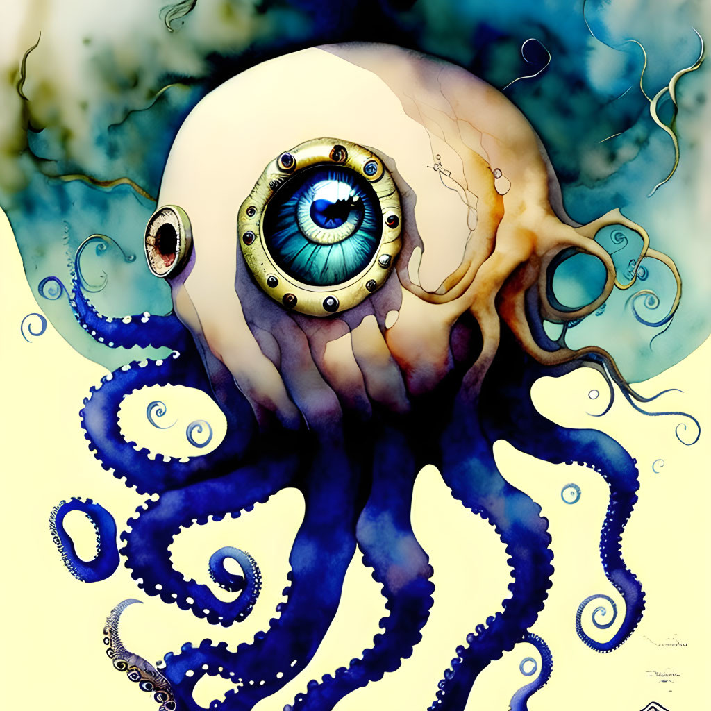 Octopus with human eye head in surreal watercolor illustration