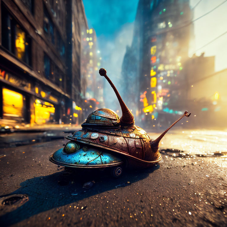 Robotic snail with antenna eyes in neon-lit urban setting