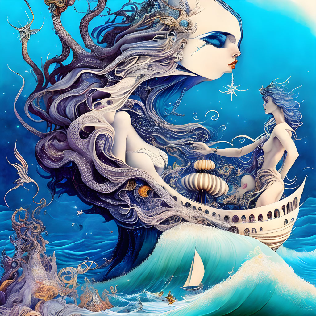 Illustration of woman with flowing hair and maritime elements including ship, waves, and sea creatures.