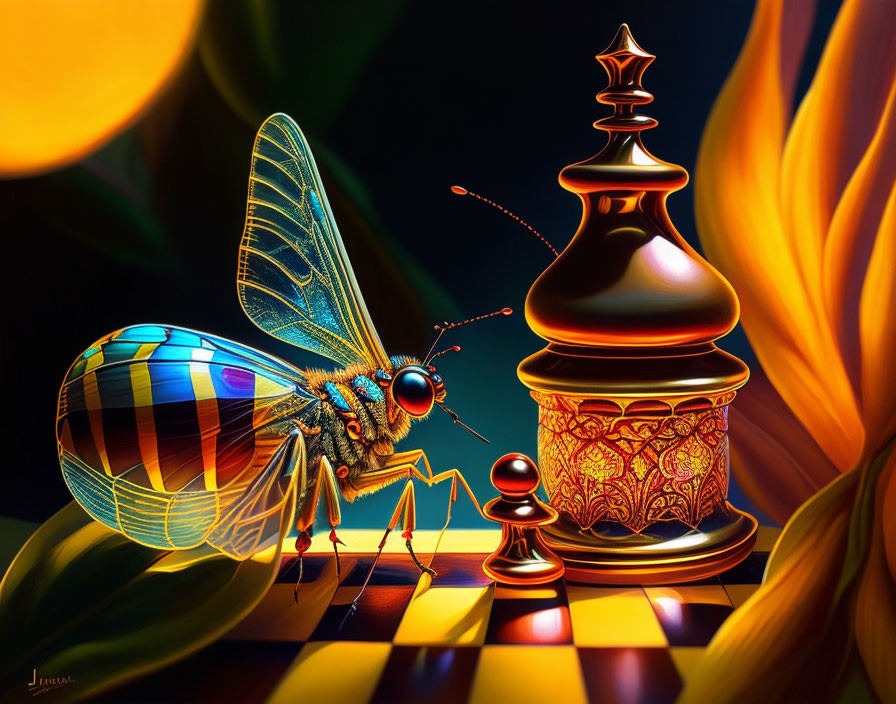 Vibrant fantasy illustration with bee, perfume bottle, and chess pawn
