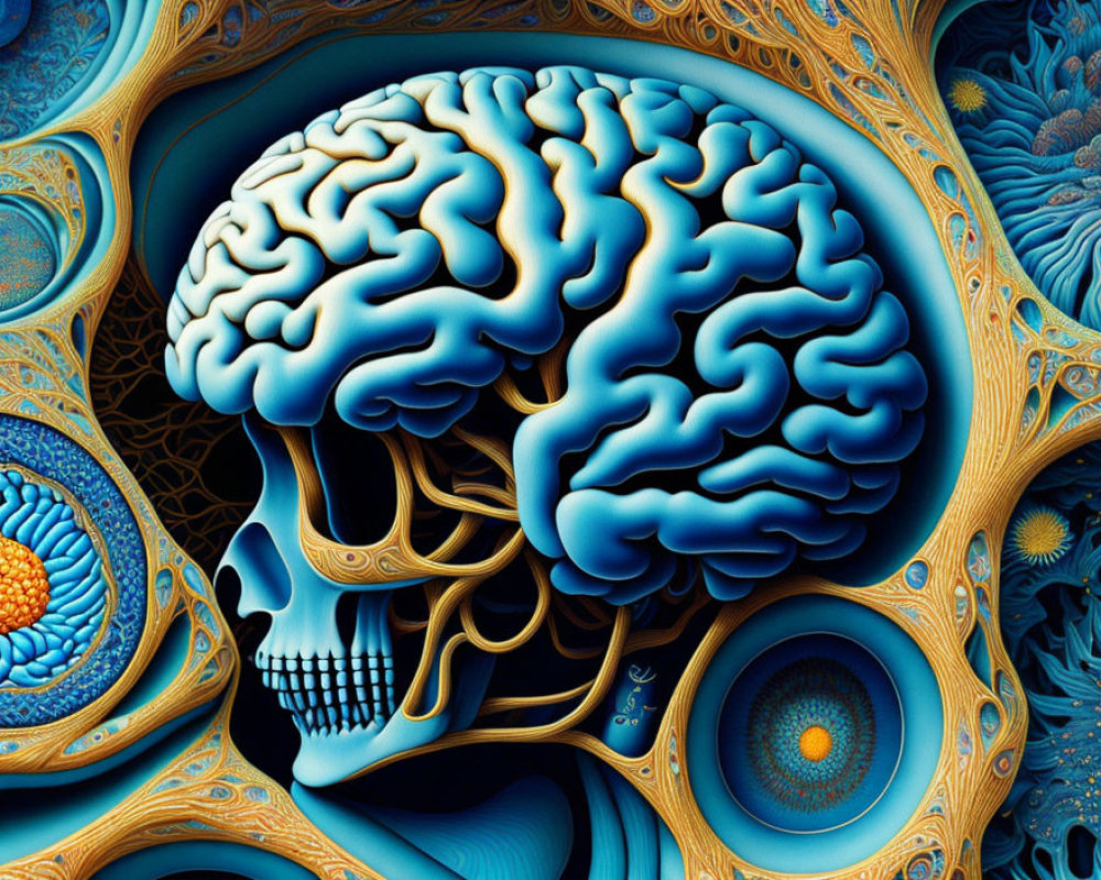 Colorful digital artwork of human skull with exposed brain in blue hues surrounded by intricate fractal patterns