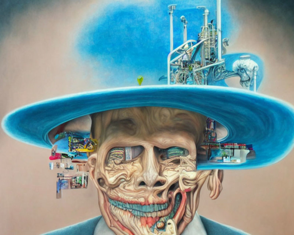 Surreal face art with industrial eyes, city mouth, and blue sky hat
