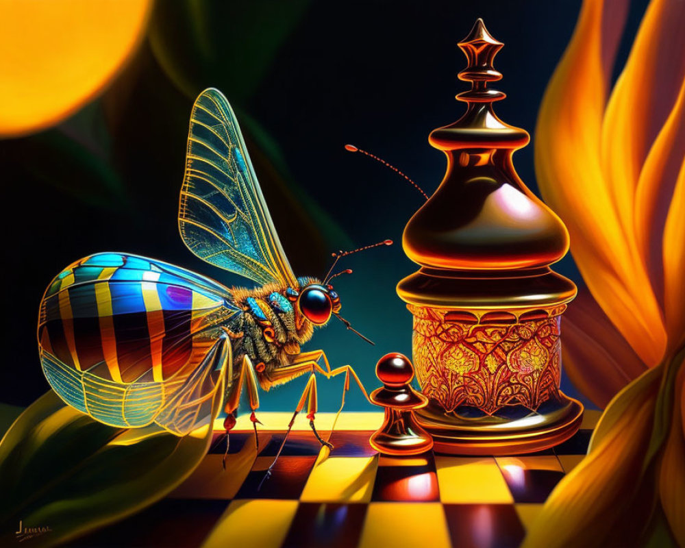 Vibrant fantasy illustration with bee, perfume bottle, and chess pawn