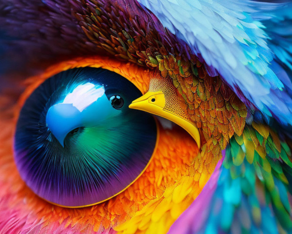 Colorful bird's eye with vivid blue, purple, orange, and yellow feathers.