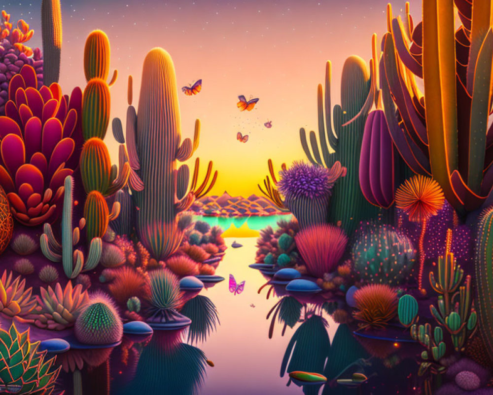 Colorful animated desert scene at dusk with cacti, river, butterflies, and starry sky