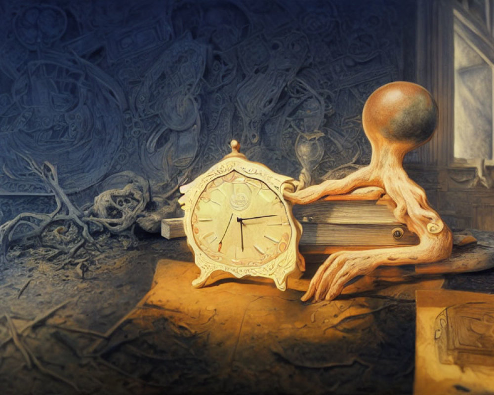 Surreal painting featuring clock with tentacles and books on intricate backdrop