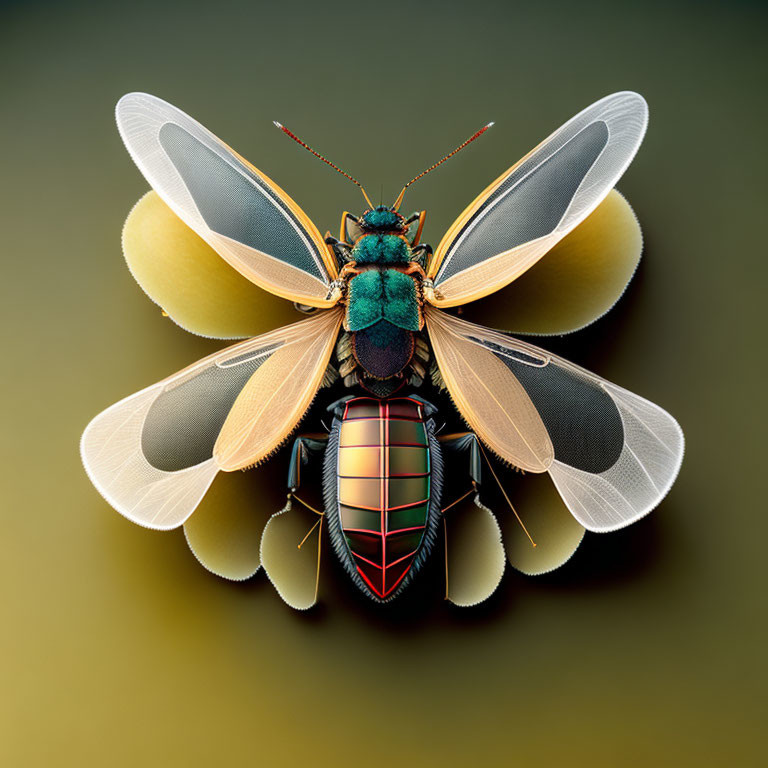 Detailed illustration of iridescent beetle with open wings on gradient background