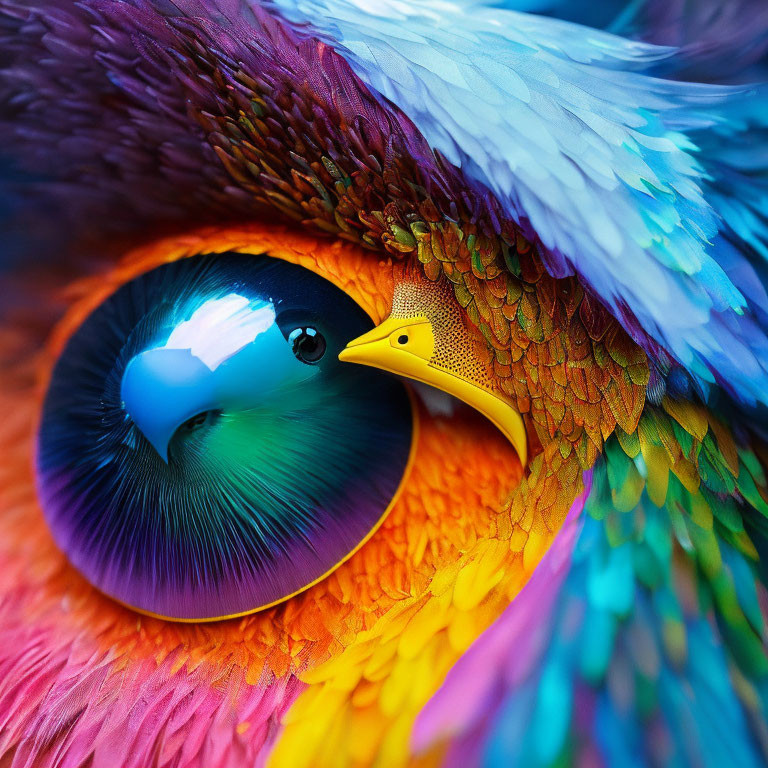 Colorful bird's eye with vivid blue, purple, orange, and yellow feathers.