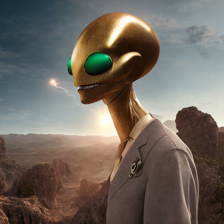 Golden alien with green eyes in suit against rocky desert landscape