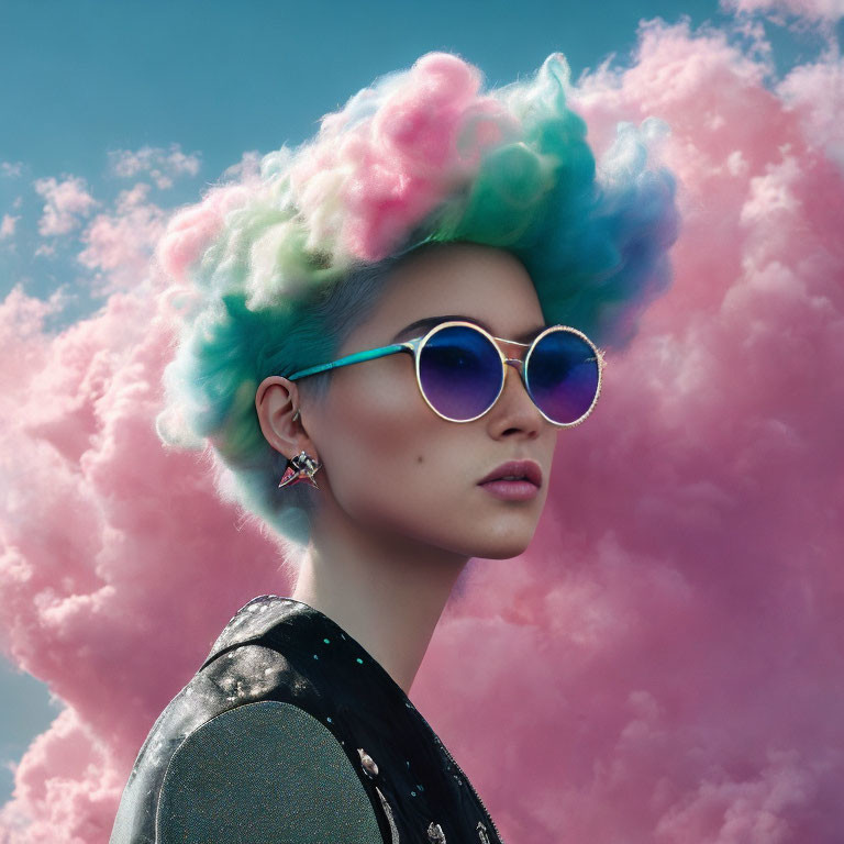 Pastel-Colored Cloud Hair and Mirrored Sunglasses Portrait Against Cloudy Sky