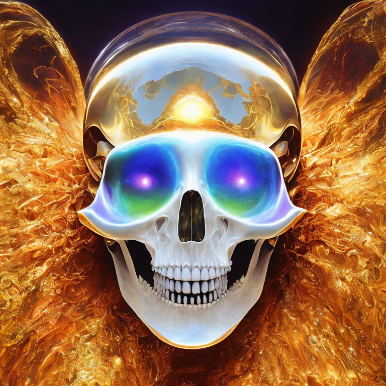 Metallic skull with iridescent eyes, fiery golden wings, and cosmic backdrop.