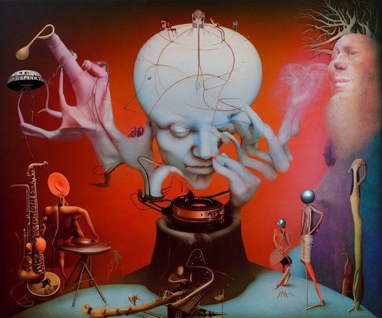 Surreal artwork with central face, manipulating figures, instruments, and tree-like figure