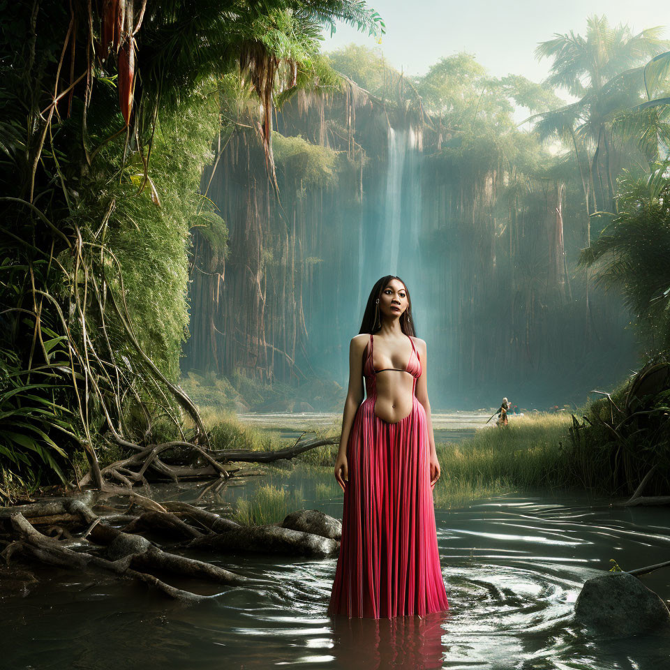 Woman in Red Dress Standing in Waterfall Scene